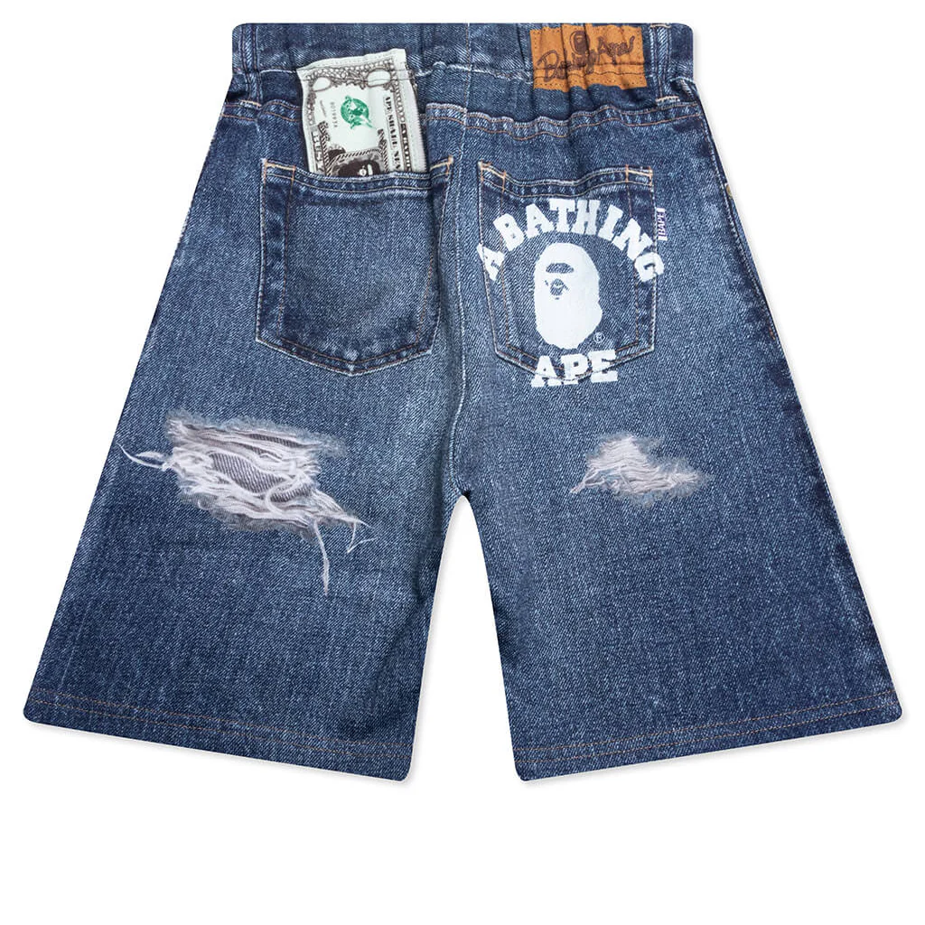 Kid's Bape Denim Print Sweat Shorts - Navy - Image 2