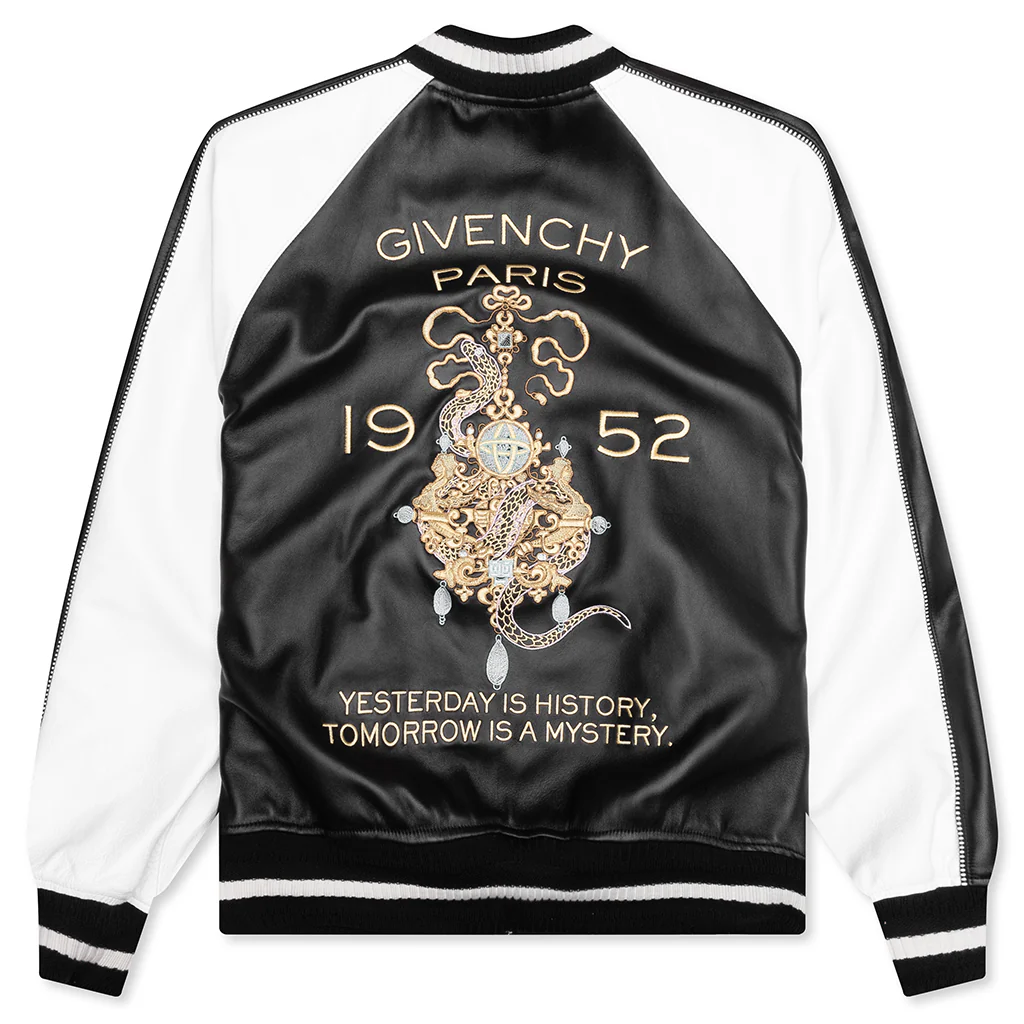Nappa Leather Varsity Jacket with Chandelier and Snake Embroideries - Black/White - Image 2