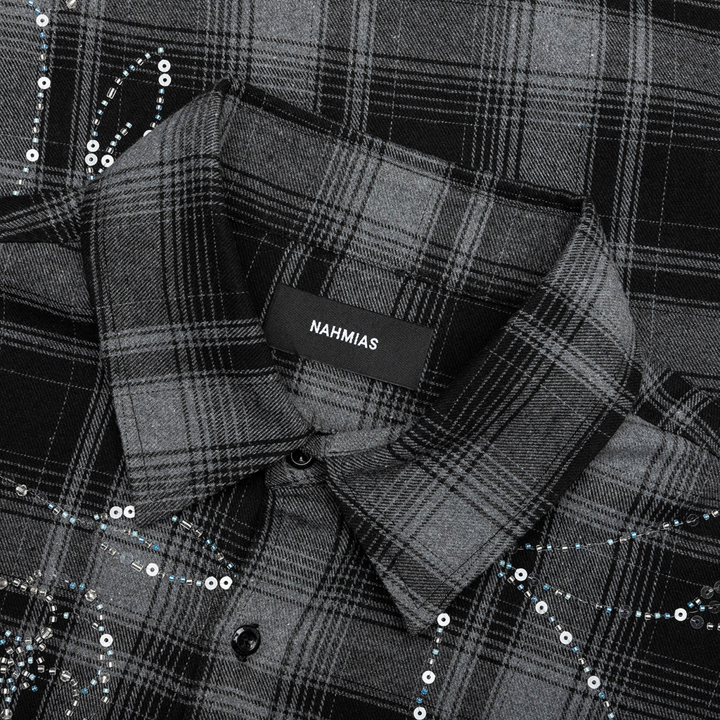 Plaid Beaded Oversized Shirt - Black - Image 3