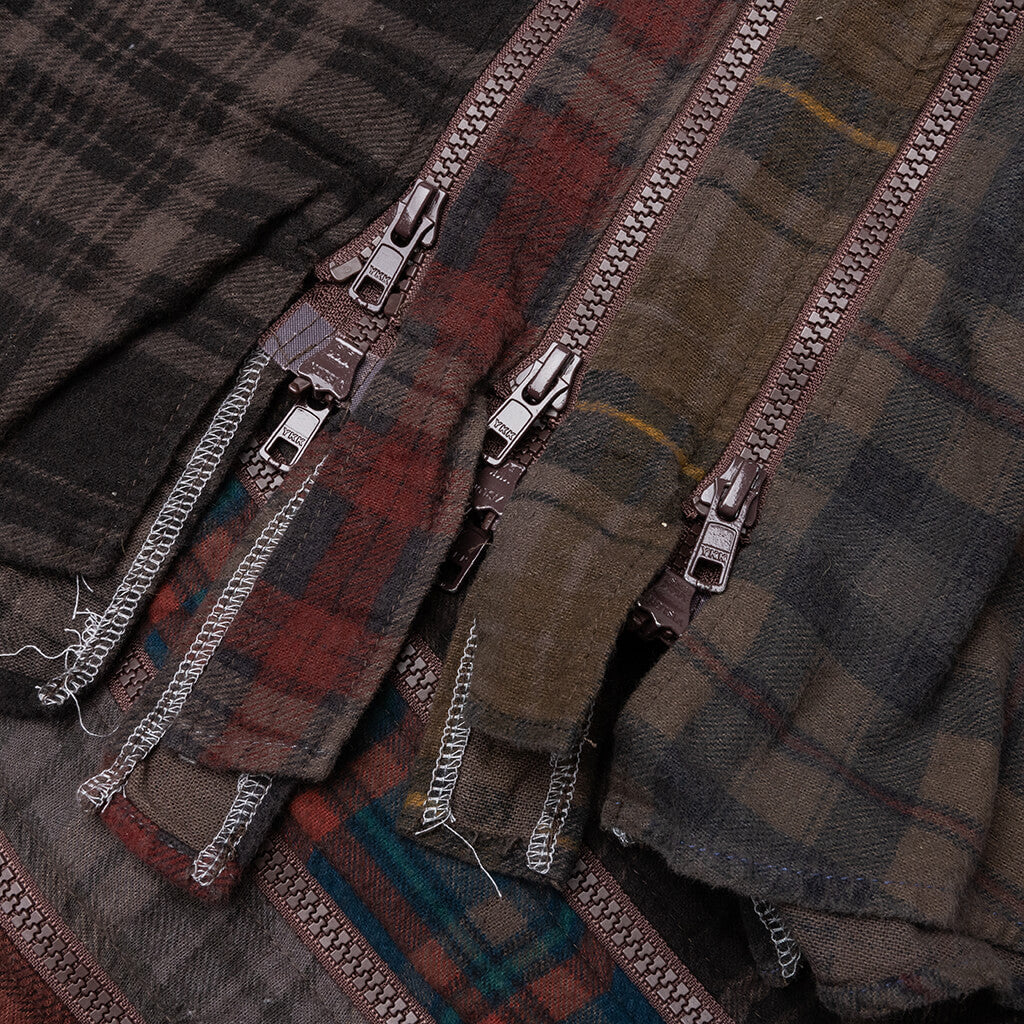 Flannel Shirt 7 Cuts Zipped Wide Shirt Over Dye - Brown - Image 4