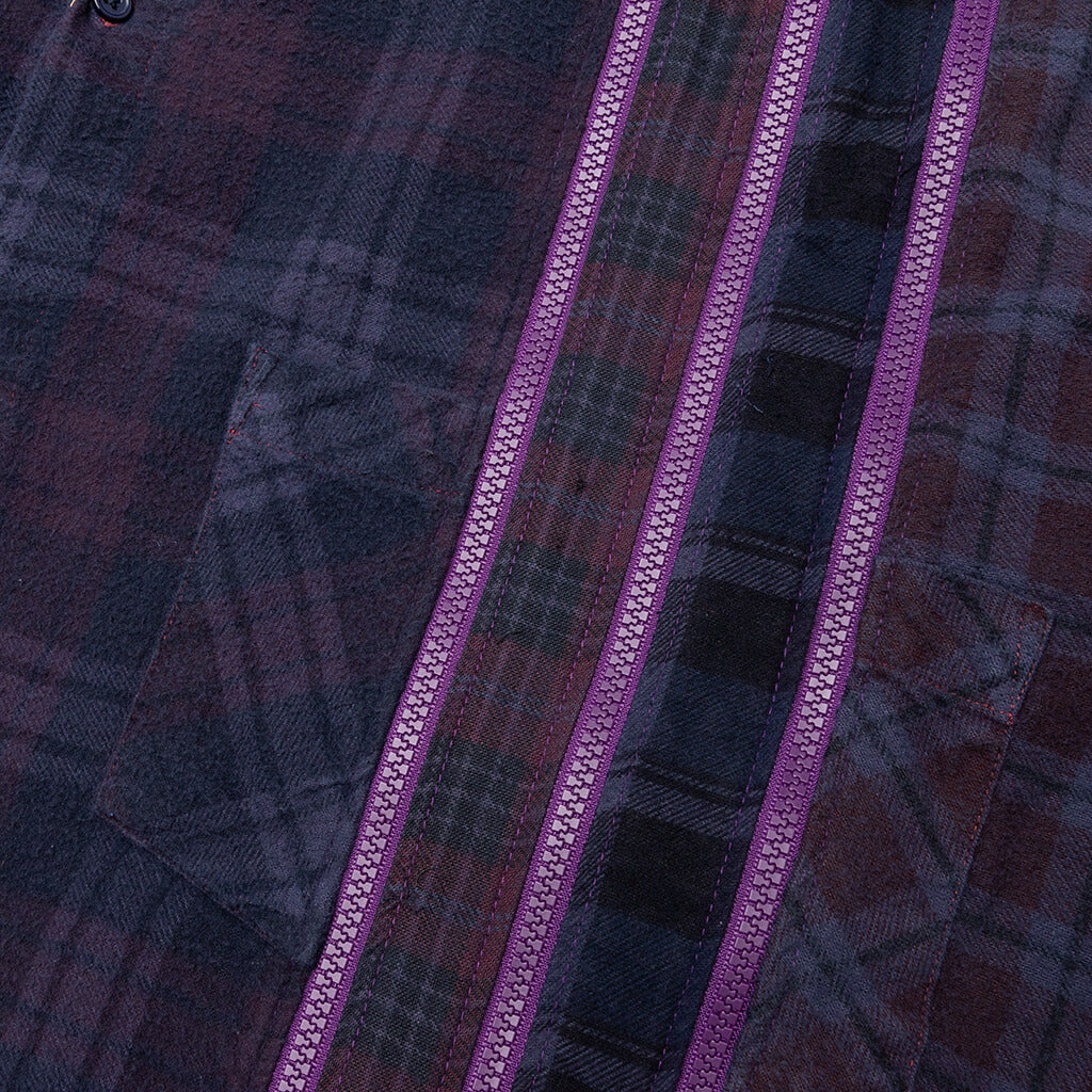 Flannel Shirt 7 Cuts Zipped Wide Shirt Over Dye - Purple - Image 5