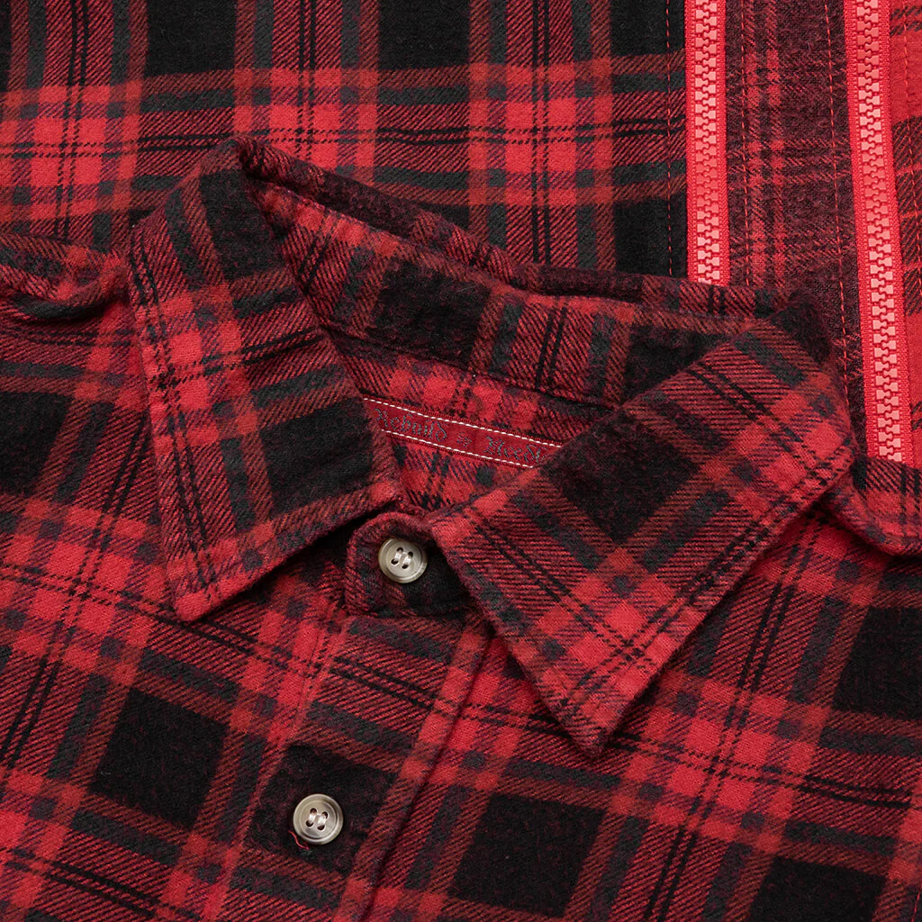 Flannel Shirt 7 Cuts Zipped Wide Shirt Over Dye - Red - Image 3