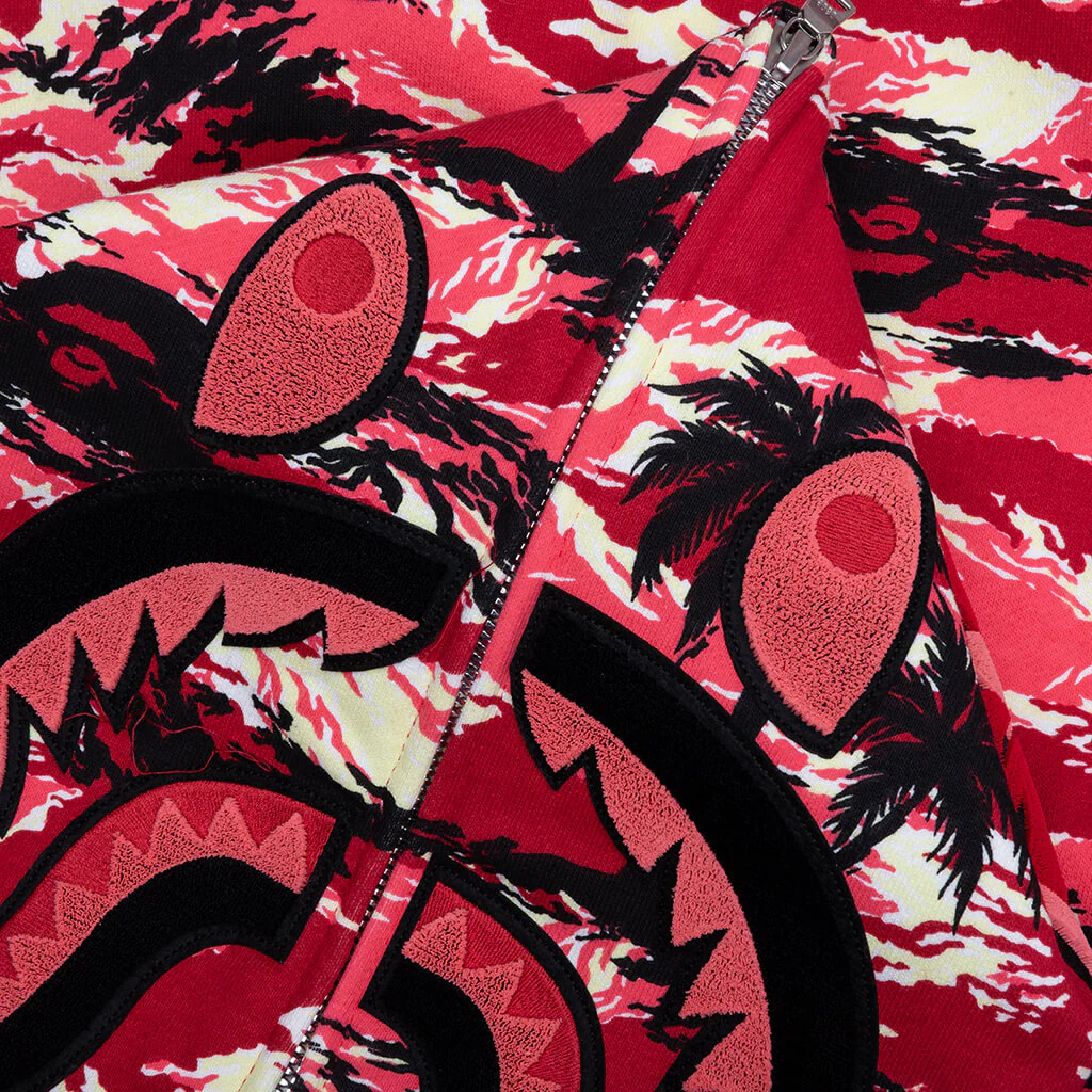 Palm Tree Camo Relaxed Fit Shark Full Zip Hoodie - Red - Image 6