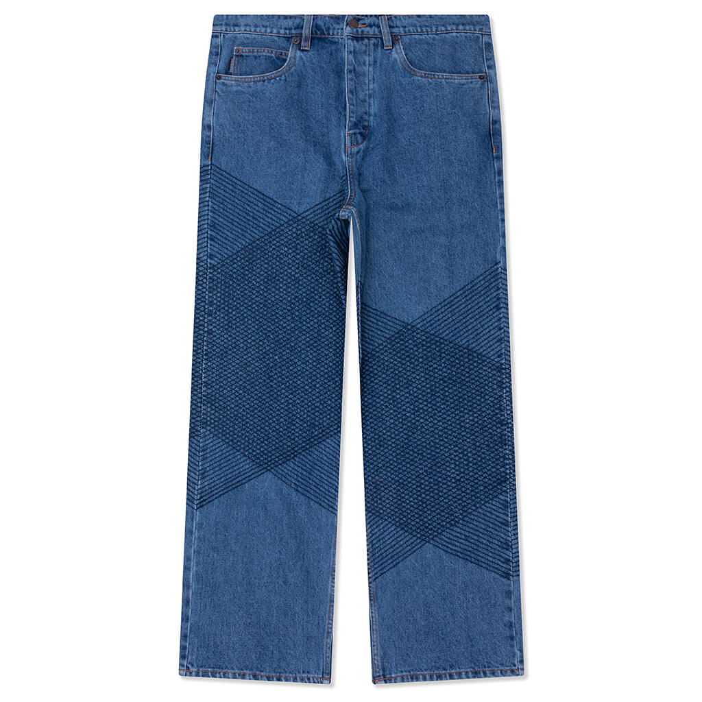 Grid Embroidered Baggy Jeans - Indigo
